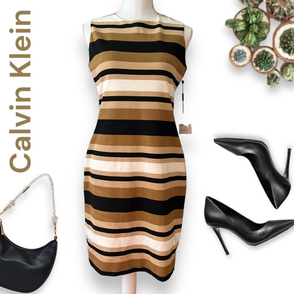 NWT Calvin Klein | Gold Sparkle Taupe and Black Body-con Sheath Dress Sz 4 - Picture 14 of 14